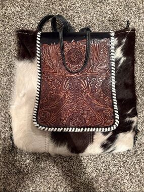 Myra Handcrafted Brown Tooled Leather & Cowhide Tote Backpack
